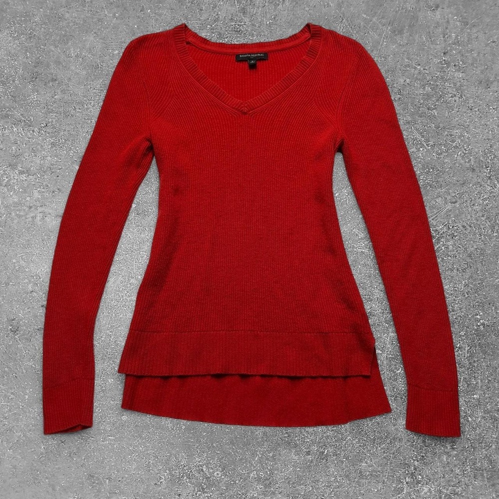 Banana Republic Orange Red Ribbed V-Neck Layered Hem Sweater Womens Small